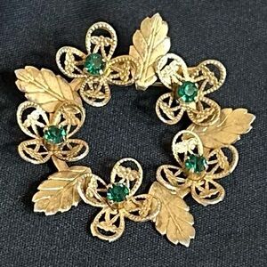Gold and Emerald Rhinestone Floral Brooch
